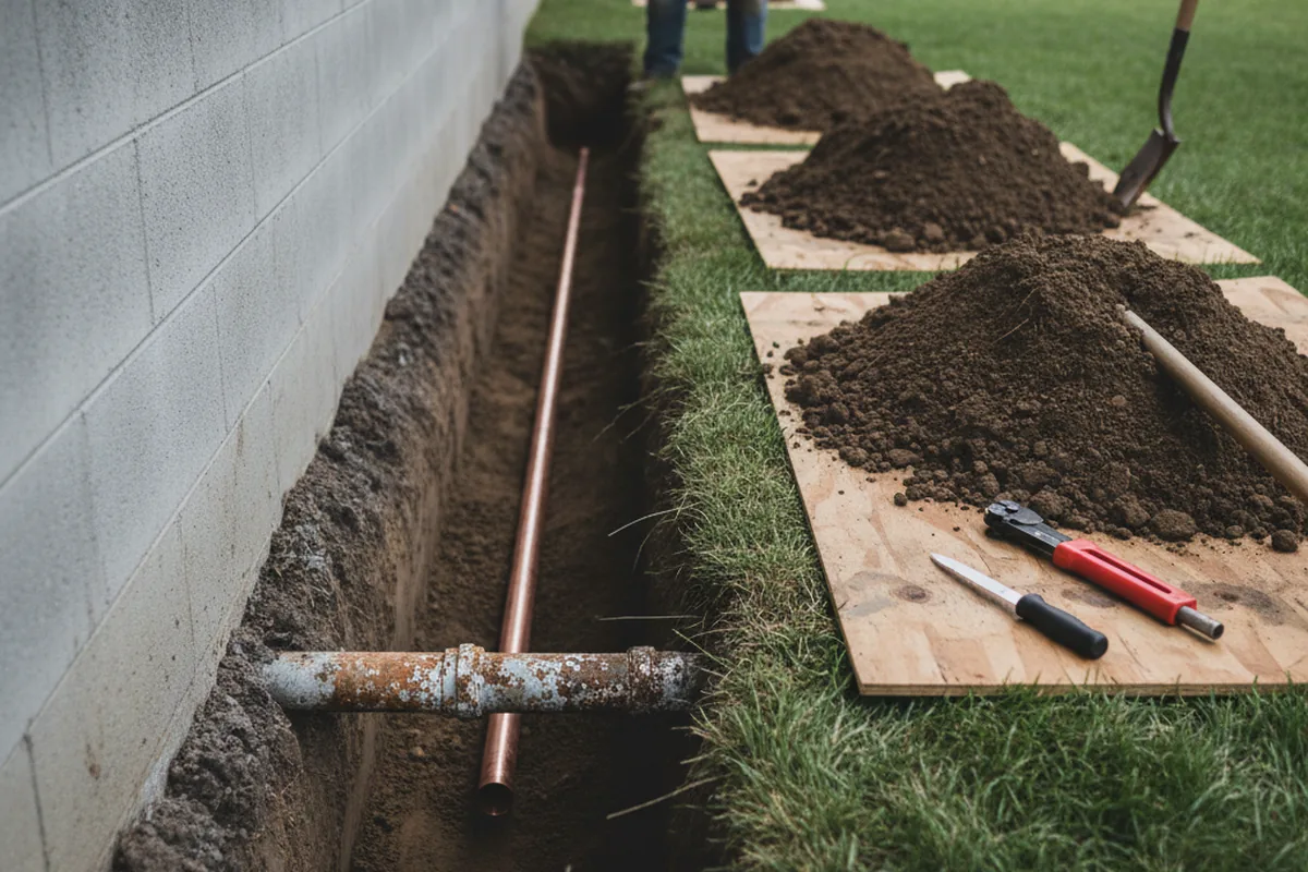 Excavated water line trench during Sewer Line Repair in Macon